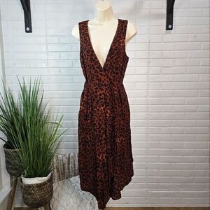 Beach Lunch Lounge Brown Leopard Animal Print Sleeveless Faux Wrap Midi Dress M